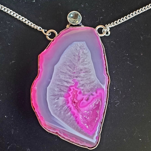New Pink Agate Druzy & Apatite 925 Silver Necklace. - Picture 2 of 15